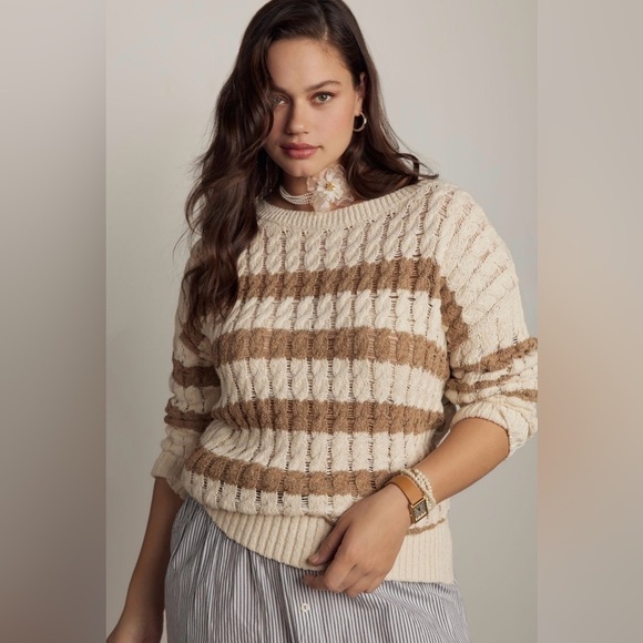 ANTHROPOLOGIE PILCRO Oversized Casual Cable Knit Striped Pullover Sweater S NWT - Picture 3 of 13
